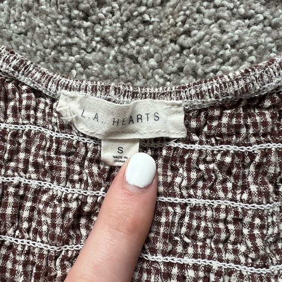 PACSUN PLAID BROWN-WHITE BABY DOLL TOP WITH PUFFY SLEEVES (size small) - Picture 3 of 3